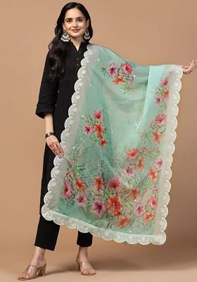 Floral Printed Sequinned Organza Dupatta