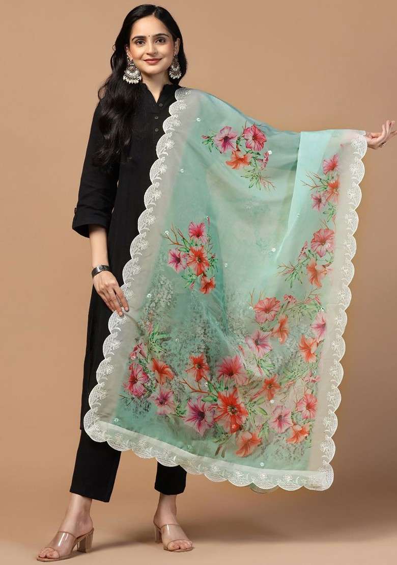 Floral Printed Sequinned Organza Dupatta - Indya