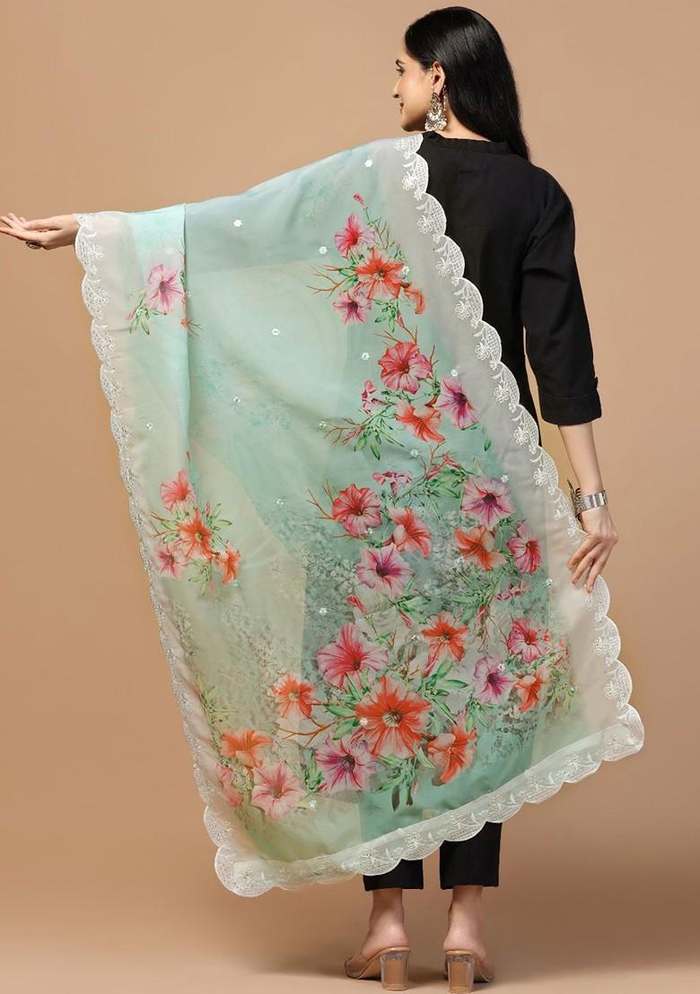 Floral Printed Sequinned Organza Dupatta