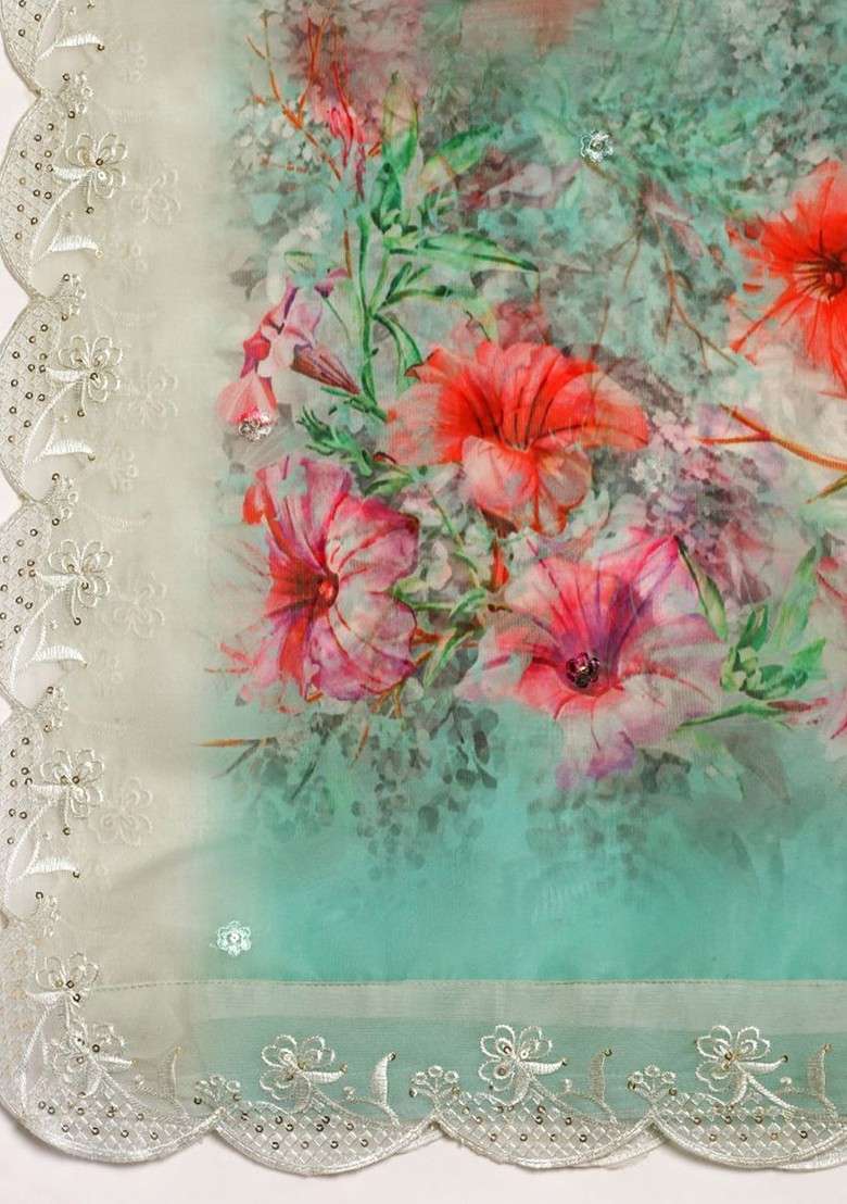 Floral Printed Sequinned Organza Dupatta - Indya