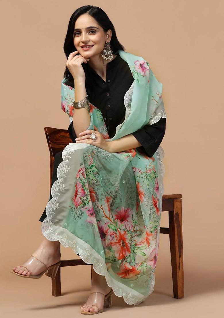 Floral Printed Sequinned Organza Dupatta