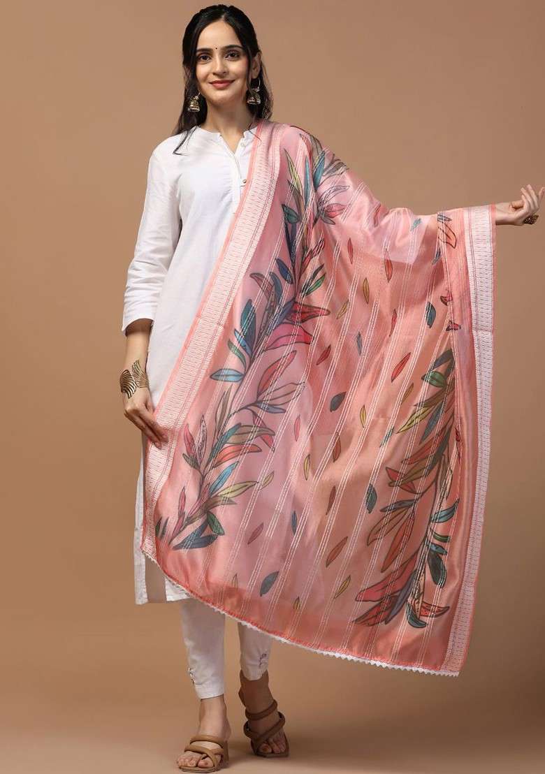 Floral Printed Sequinned Organza Dupatta - Indya