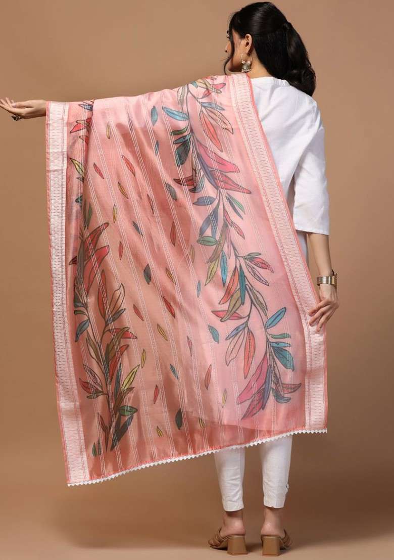 Floral Printed Sequinned Organza Dupatta - Indya