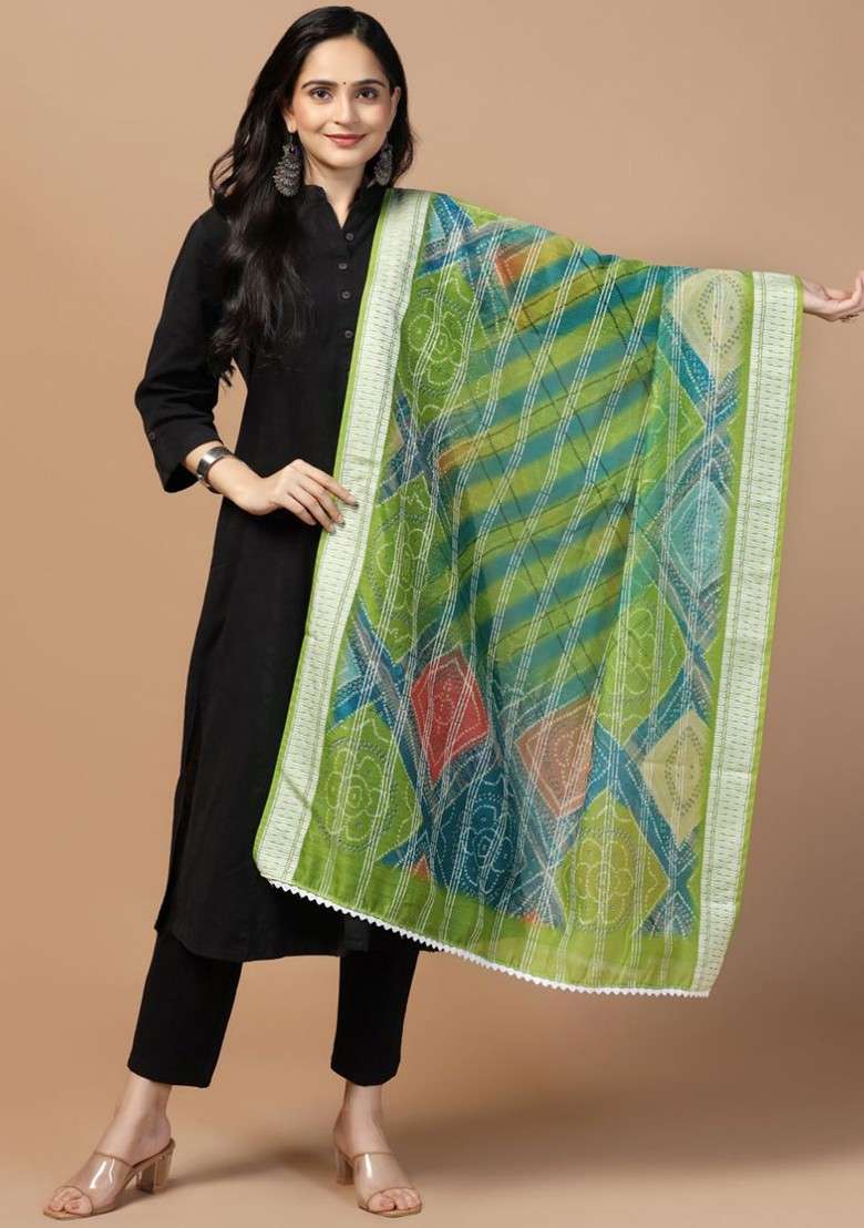 Floral Printed Sequinned Chanderi Cotton Dupatta - Indya