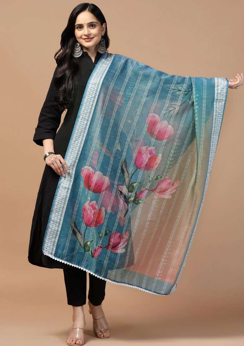 Floral Printed Sequinned Chanderi Cotton Dupatta - Indya