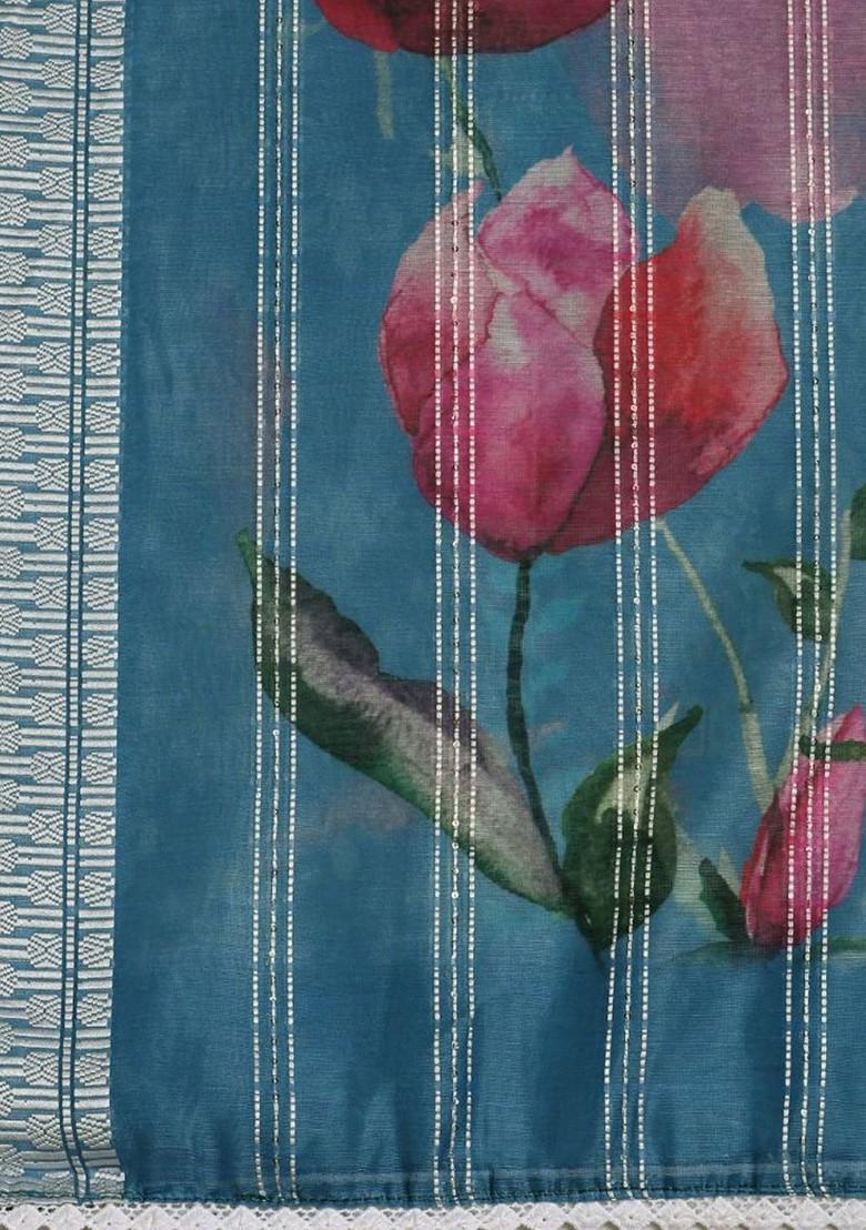 Floral Printed Sequinned Chanderi Cotton Dupatta