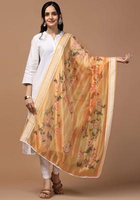 Floral Printed Sequinned Organza Dupatta