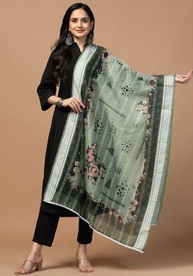Floral Printed Sequinned Chanderi Cotton Dupatta