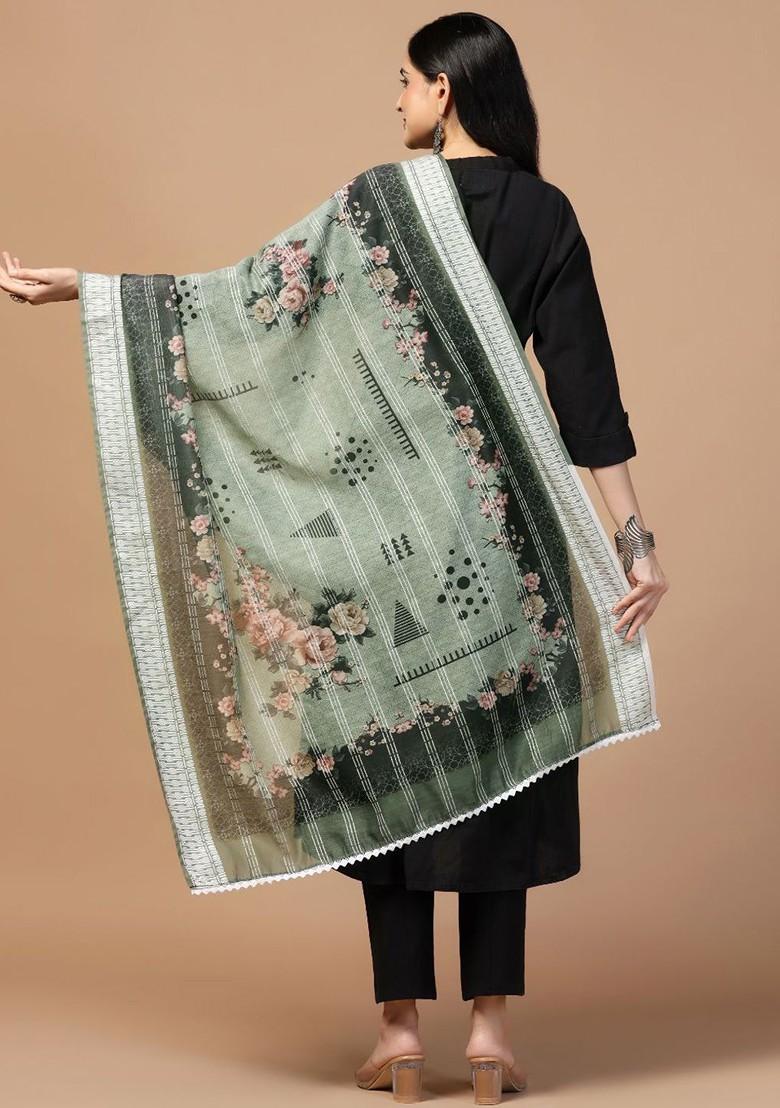 Floral Printed Sequinned Chanderi Cotton Dupatta