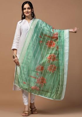 Floral Printed Sequinned Organza Dupatta