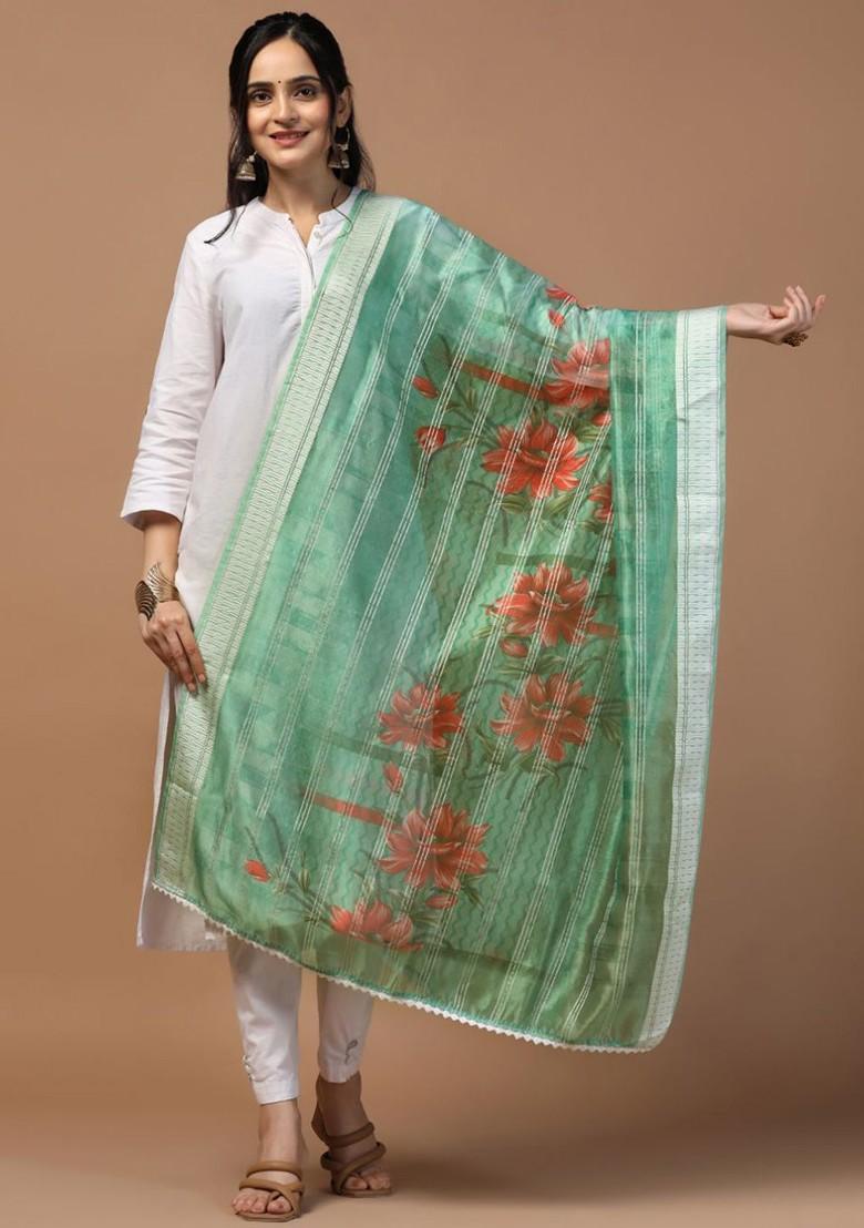 Floral Printed Sequinned Organza Dupatta