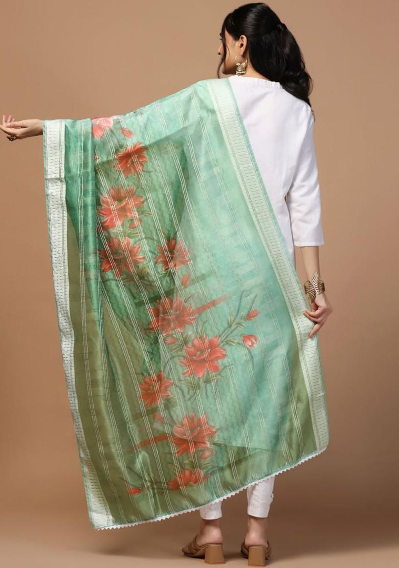 Floral Printed Sequinned Organza Dupatta
