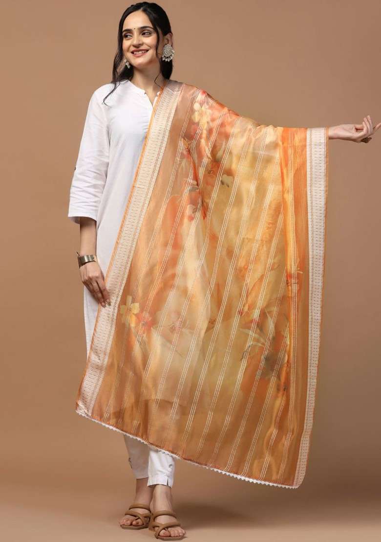 Floral Printed Sequinned Organza Dupatta - Indya