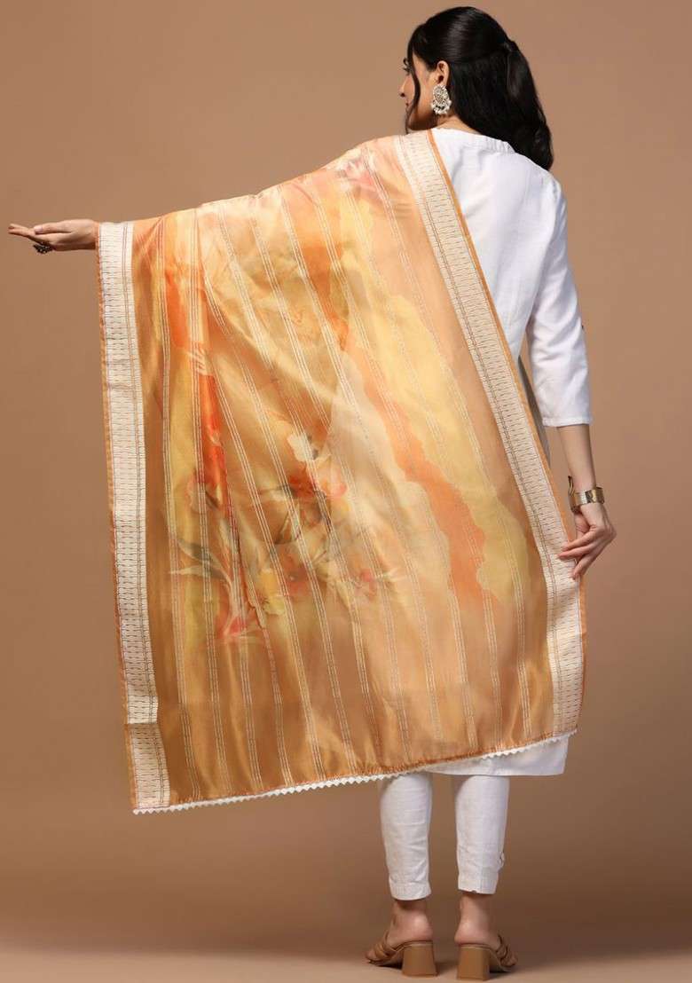 Floral Printed Sequinned Organza Dupatta - Indya