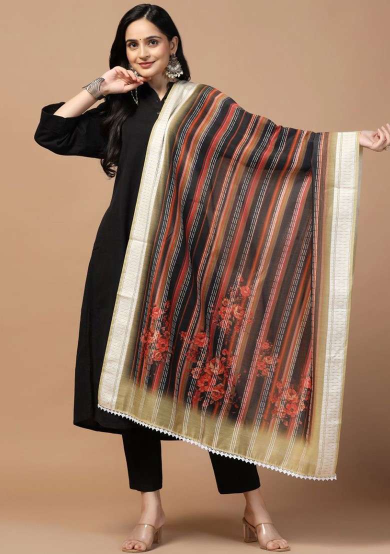 Floral Printed Sequinned Chanderi Cotton Dupatta - Indya