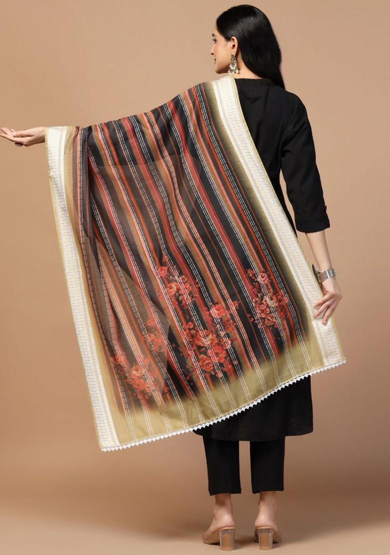 Floral Printed Sequinned Chanderi Cotton Dupatta
