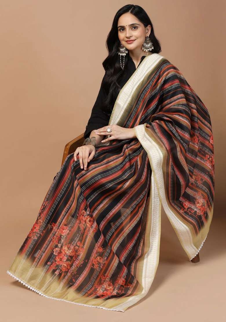 Floral Printed Sequinned Chanderi Cotton Dupatta - Indya