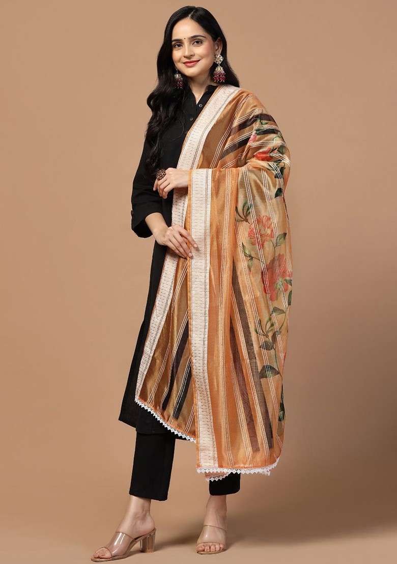 Floral Printed Organza Silk Dupatta - Indya
