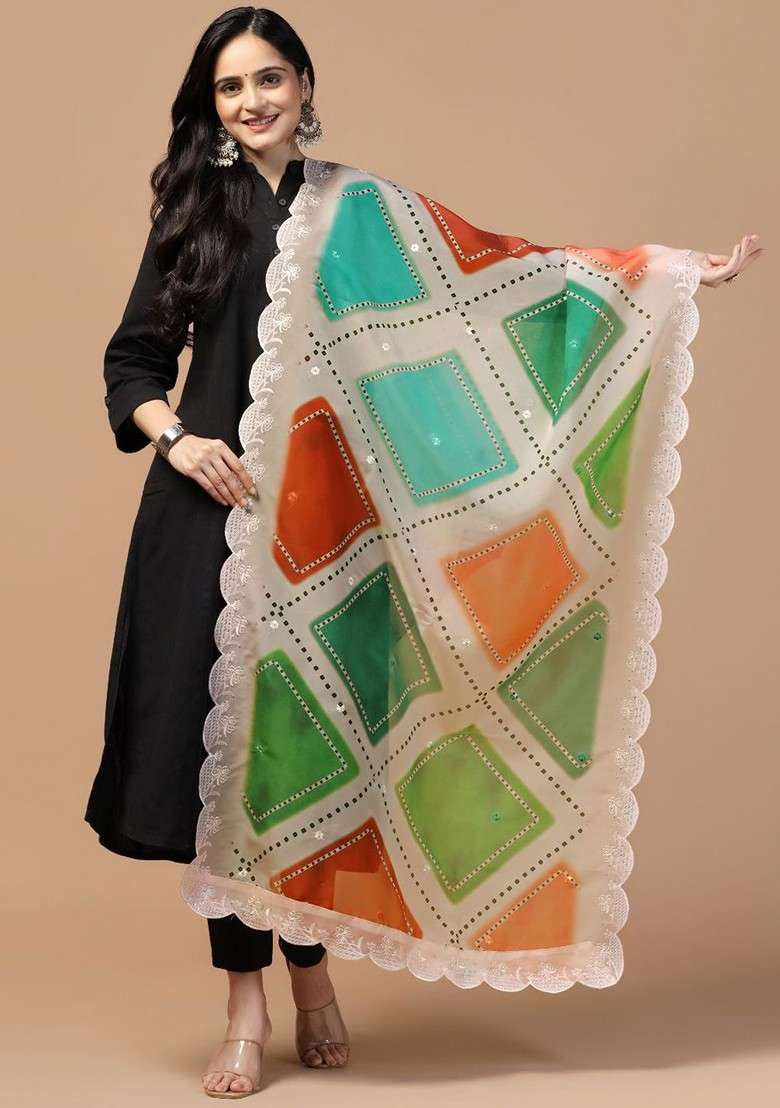 Geometric Printed Organza Silk Dupatta - Indya