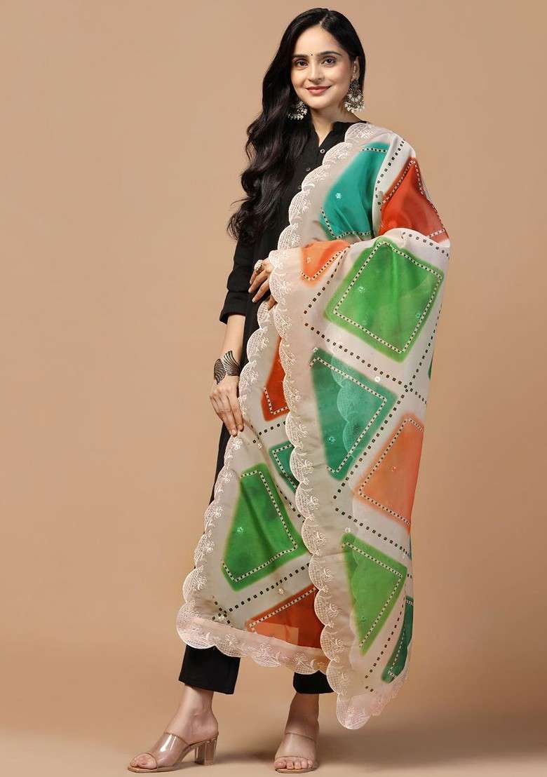 Geometric Printed Organza Silk Dupatta - Indya