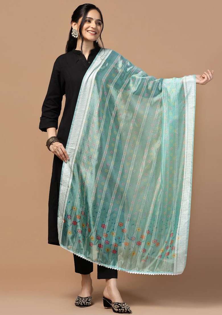 Floral Printed Organza Silk Dupatta - Indya