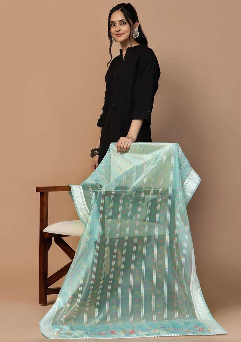 Floral Printed Organza Silk Dupatta - Indya