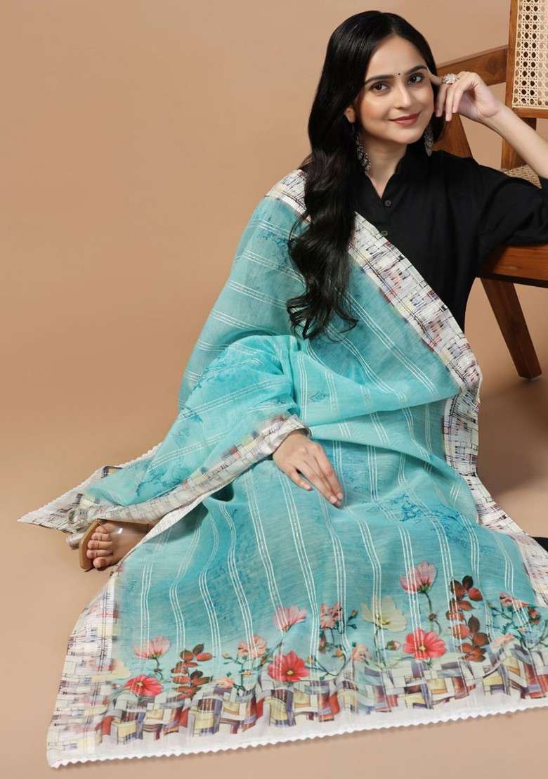 Floral Printed Cotton Chanderi Dupatta - Indya