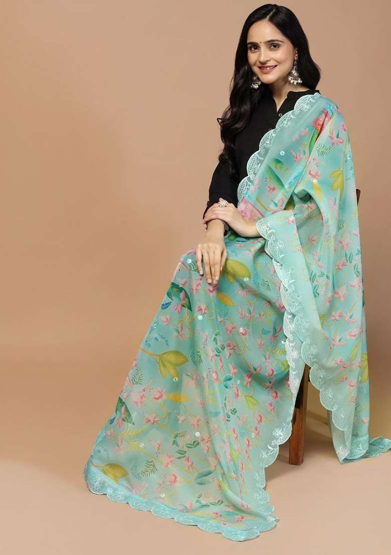 Floral Printed Organza Silk Dupatta - Indya