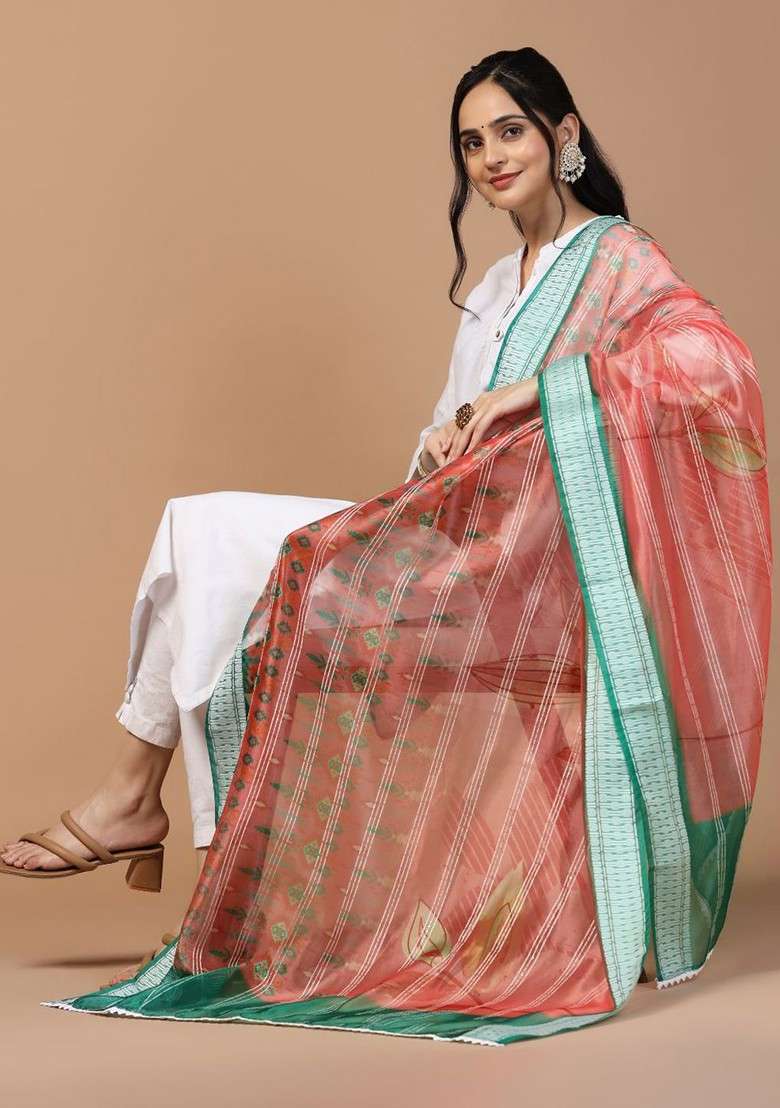 Sequinned Floral Printed Organza Dupatta - Indya