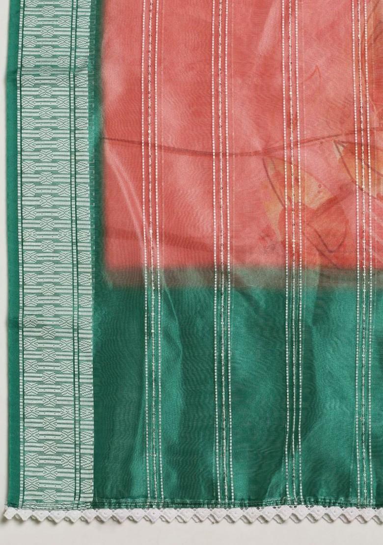 Sequinned Floral Printed Organza Dupatta