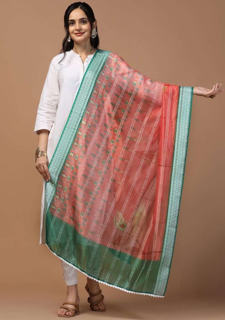 Sequinned Floral Printed Organza Dupatta - Indya