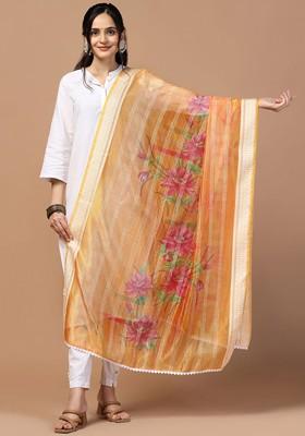 Sequinned Floral Printed Organza Dupatta