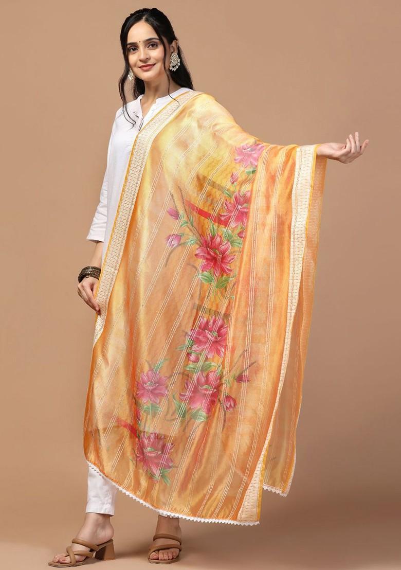 Sequinned Floral Printed Organza Dupatta