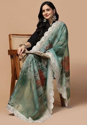 Sequinned Floral Printed Organza Dupatta