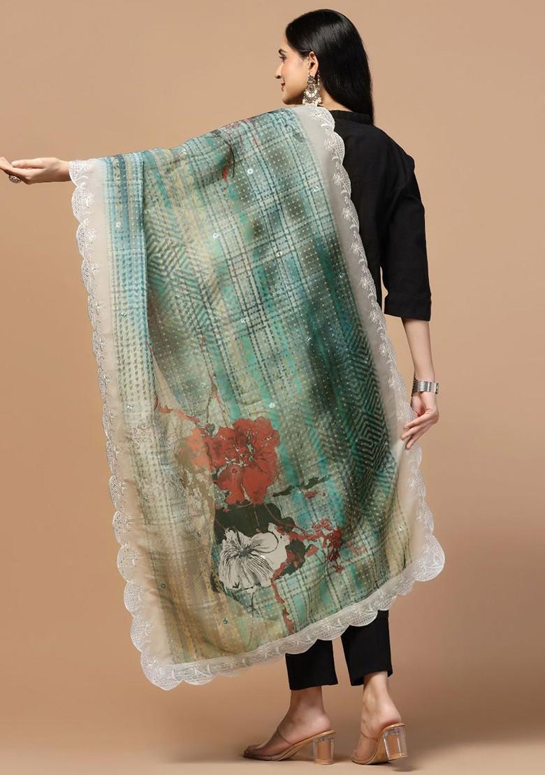 Sequinned Floral Printed Organza Dupatta