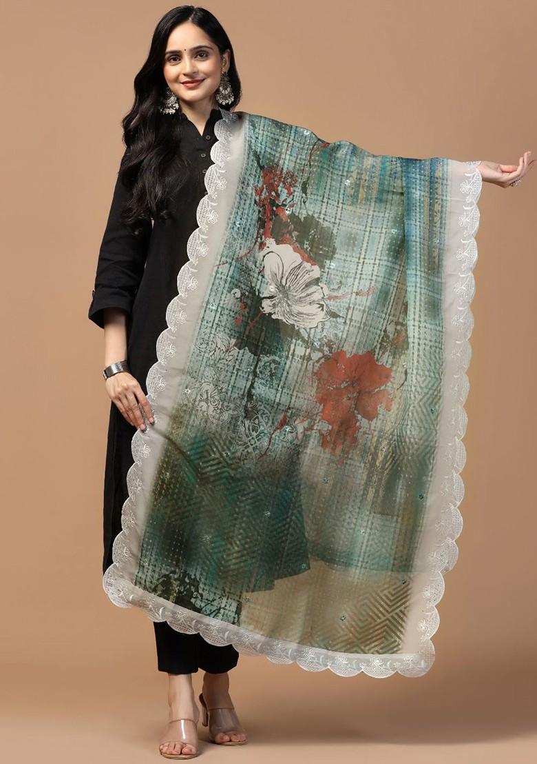 Sequinned Floral Printed Organza Dupatta