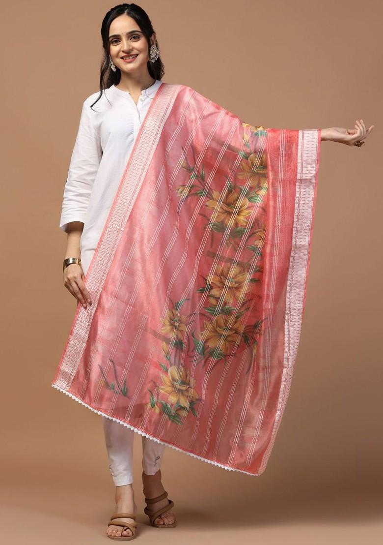 Sequinned Floral Printed Organza Dupatta