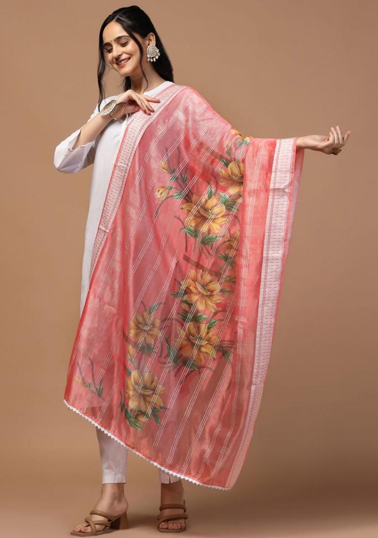 Sequinned Floral Printed Organza Dupatta