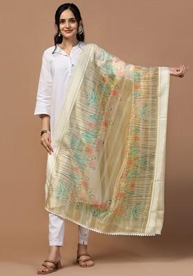 Sequinned Floral Printed Organza Dupatta
