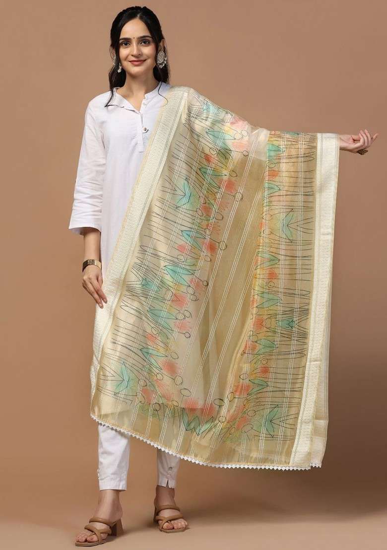 Sequinned Floral Printed Organza Dupatta - Indya
