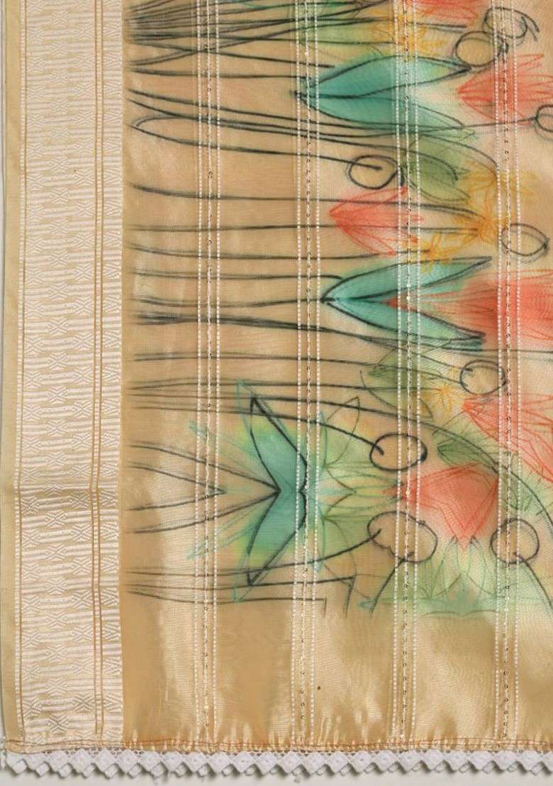 Sequinned Floral Printed Organza Dupatta - Indya