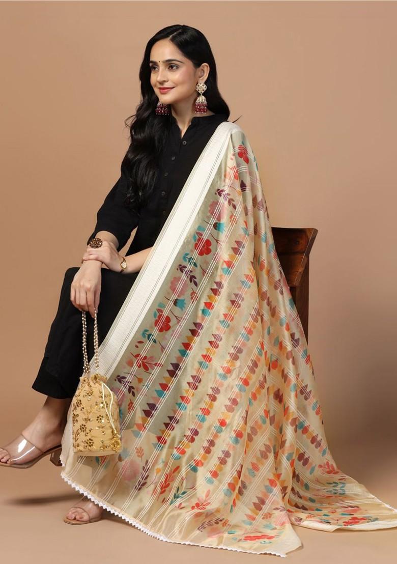 Sequinned Floral Printed Organza Dupatta