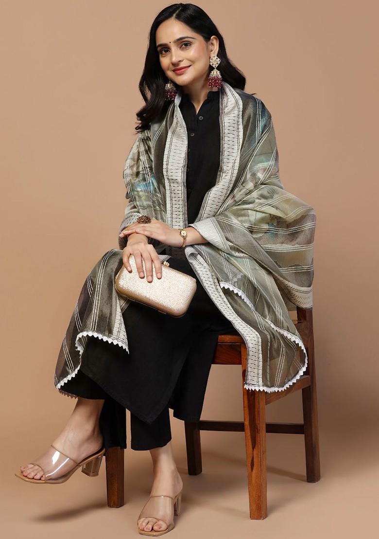 Sequinned Floral Printed Organza Dupatta