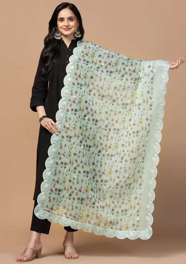 Sequinned Floral Printed Organza Dupatta
