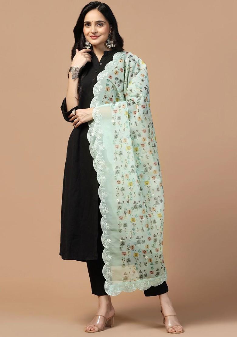 Sequinned Floral Printed Organza Dupatta