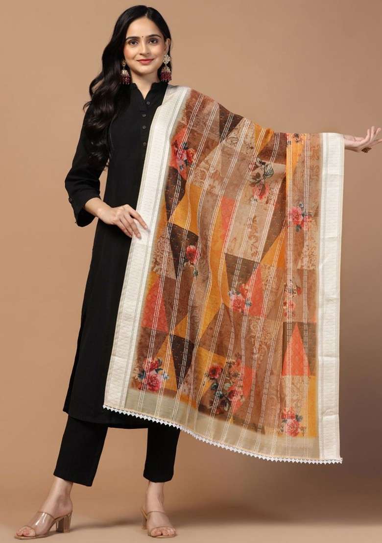 Sequinned Floral Printed Dupatta - Indya