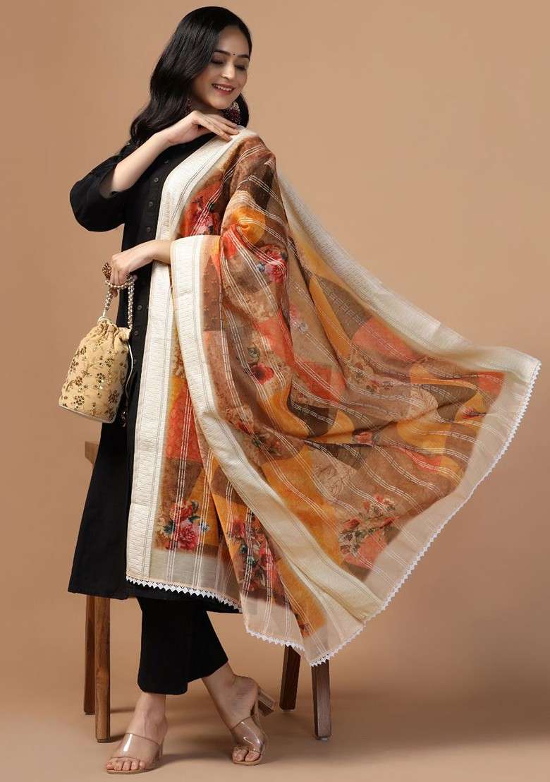 Sequinned Floral Printed Dupatta - Indya