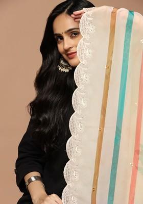 Sequinned Floral Printed Organza Dupatta