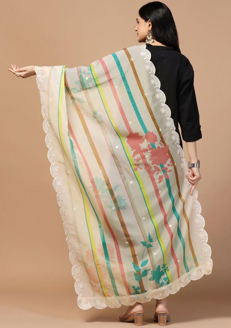 Sequinned Floral Printed Organza Dupatta
