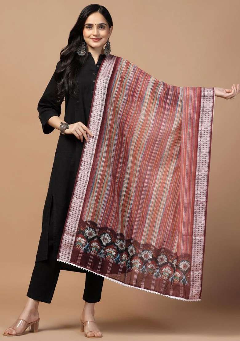 Sequinned Striped Dupatta - Indya